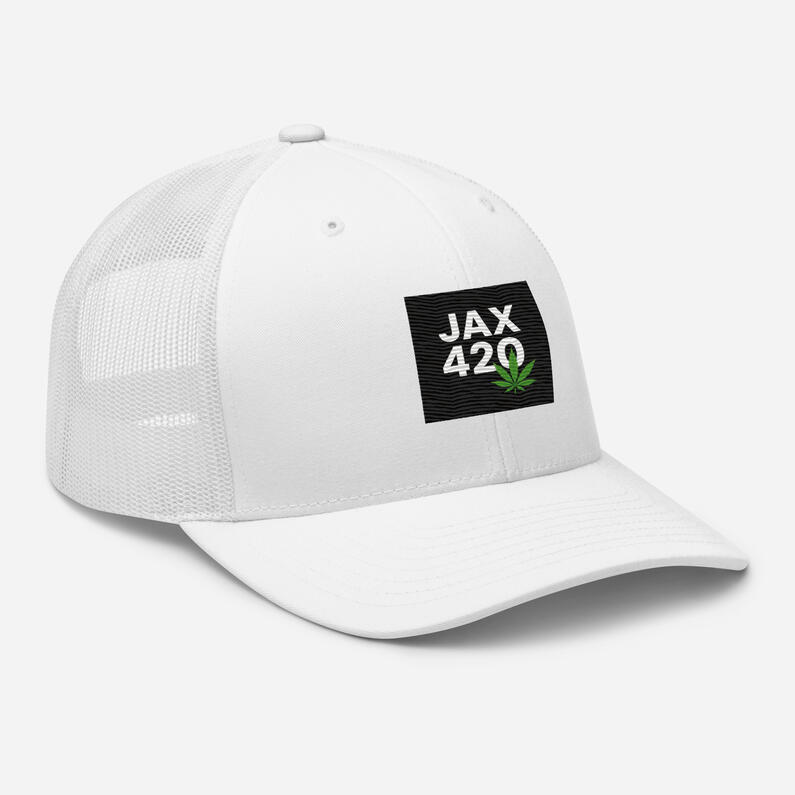 JAX 420 - Your Daily Green Deal Guide in the 904 White JAX 420 baseball cap with black patch and green leaf logo